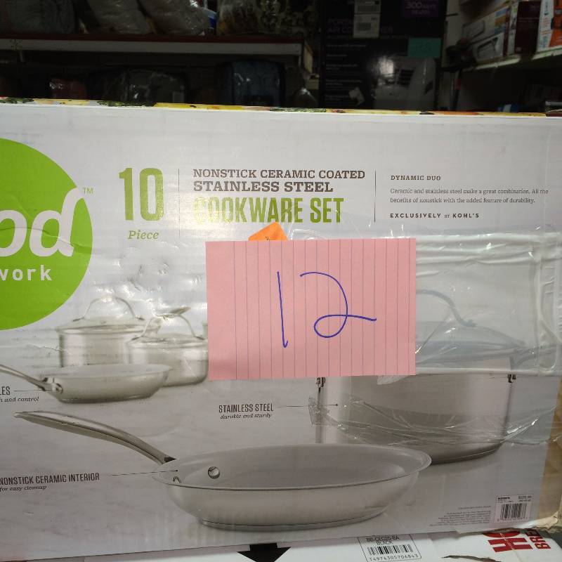 lot 130 image: Food Network 10 PC Cookware Set Non Stick Vceramic Coated Stainless Steel