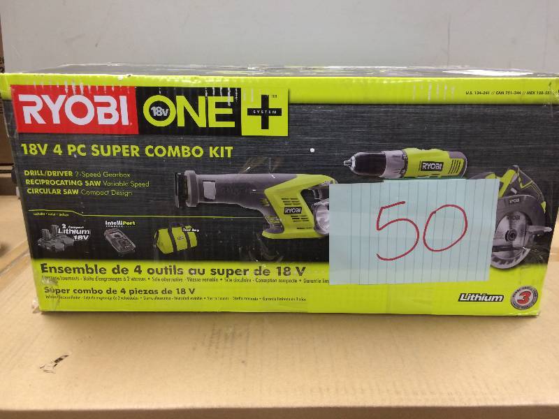 lot 151 image: Ryobi One Plus 18V 4 PC Super Combo Kit Never Used