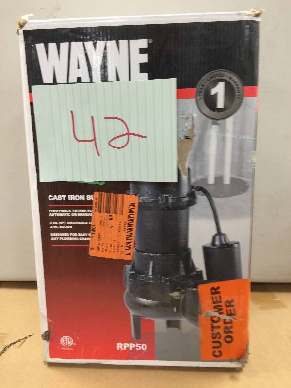 lot 148 image: Wayne 12 HP Cast Iron Sewage Pump with Tether Float Switch Never used