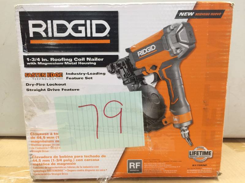 lot 168 image: Ridgid 5 Degree 1-34 in. Coil Roofing Nailer Never Used