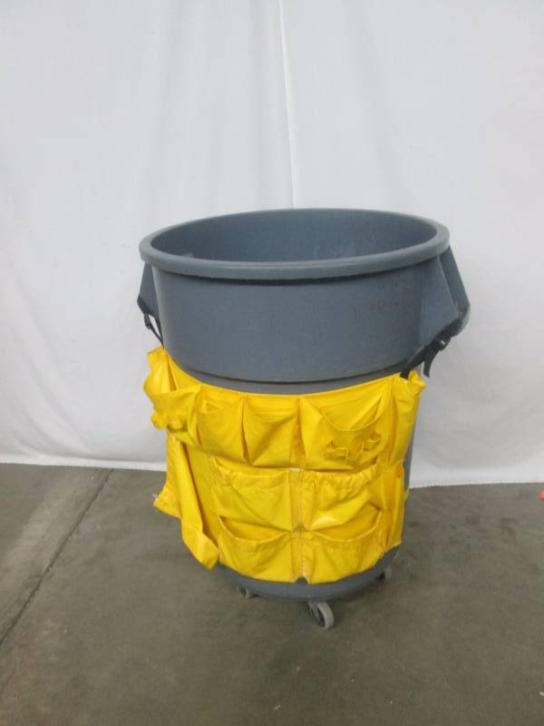 lot 25 image: Rubbermaid 55 Gallon Brute Can w Cart & Caddy