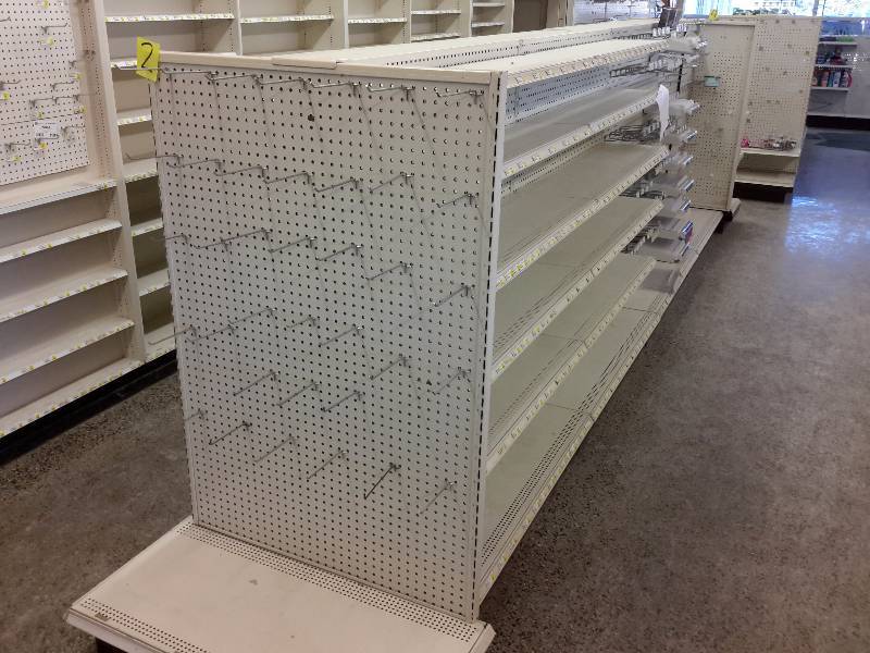 lot 2A image: 4, 48 in 2 sided shelving units with Shelves 10 and 12 in.. Plus 2, 36 in w end units
