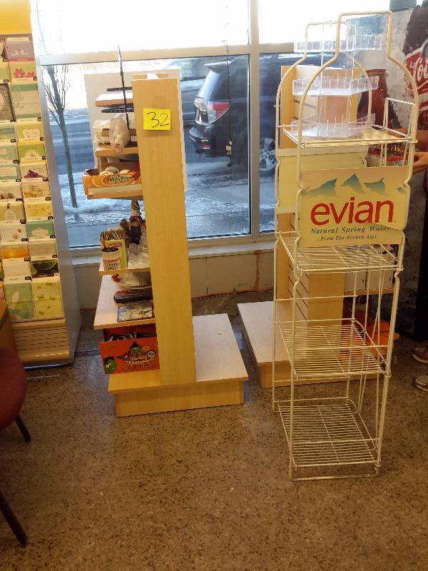 lot 32 image: 2, 32in w x 48 in h 2 sided simulated wood shelves.  1 Heavy wire display shelf.