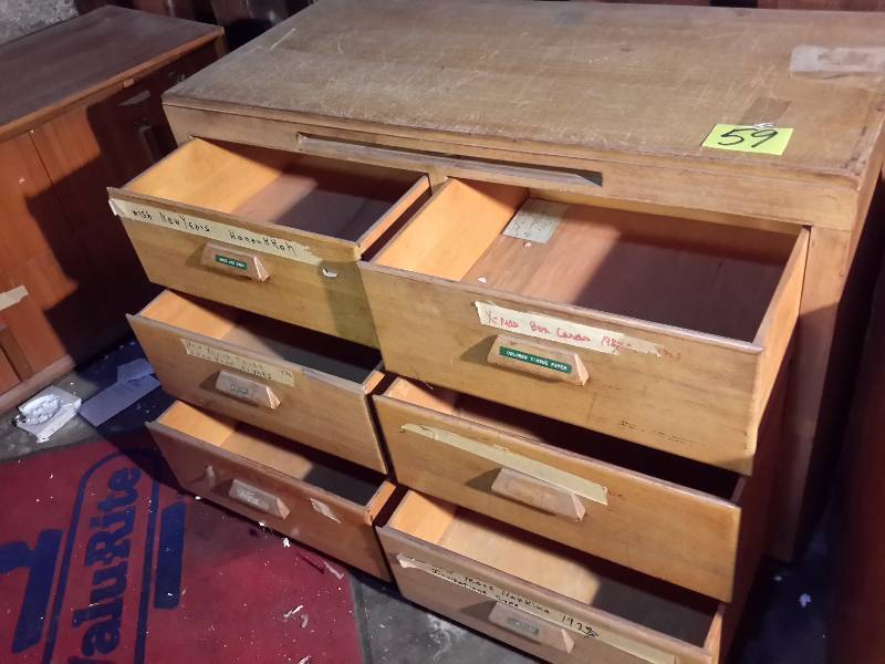 lot 59 image: Wood Card Cabinet with 6 Drawers and Slide out display board