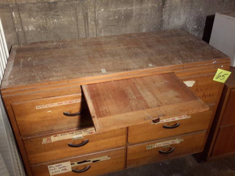 lot 65 image: Wood Card Cabinet with 6 Drawers and Slide out display board