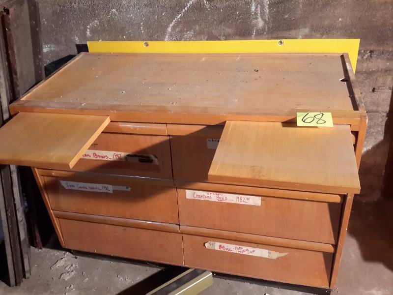 lot 68 image: Wood Card Cabinet with 6 Drawers and Slide out display board