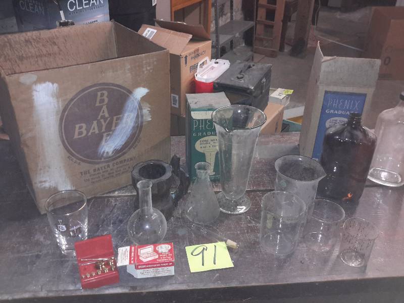 lot 91 image: Misc. Vintage Pharmacy glassware and hardware as pictured.. See close up pictures