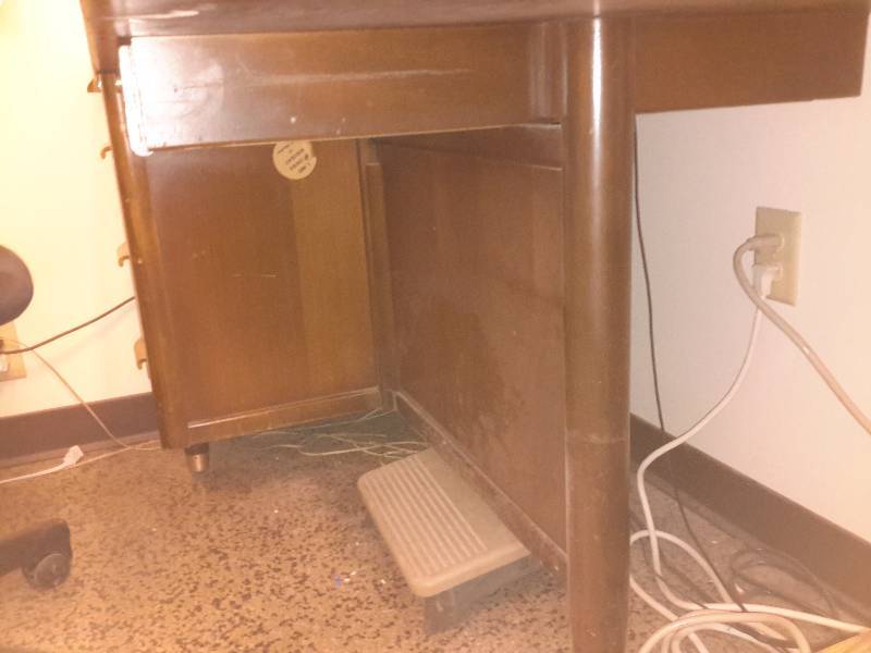 lot 103 image: Nice Walnut with Laminate top desk.. Interesting shape to the top.