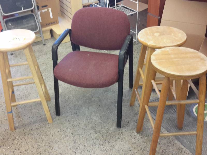 lot 108 image: 3, 24in h Wood stools (need some tightening) and upholstered chair