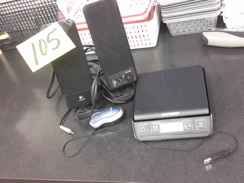lot 105 image: Logitec speakers and a DYMO cordless scale.. Both work