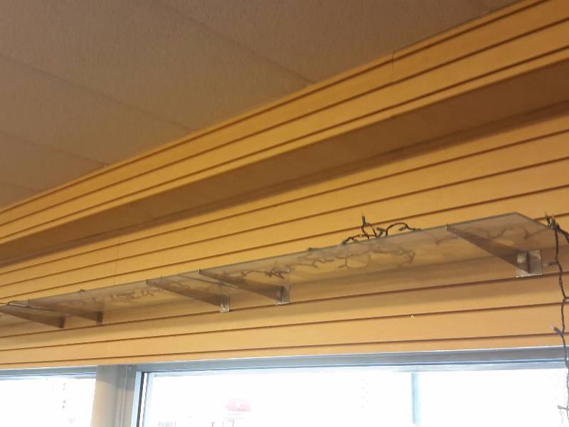 lot 30 image: 6, 48 in x 14 in Glass Shelves  with Polished metal slatted wall brackets