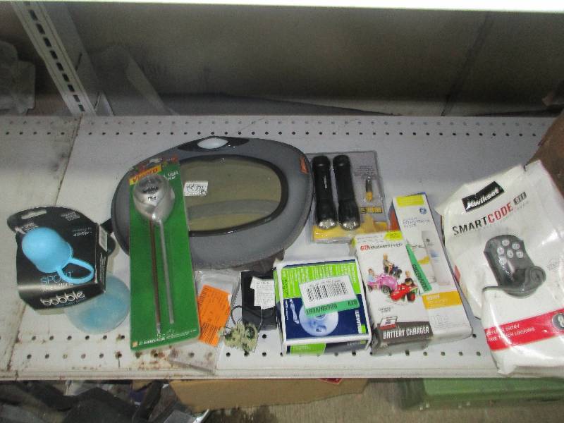 misc box of stuff - smart coded door handle - 6 volt charger - flash lights - baby car mirror