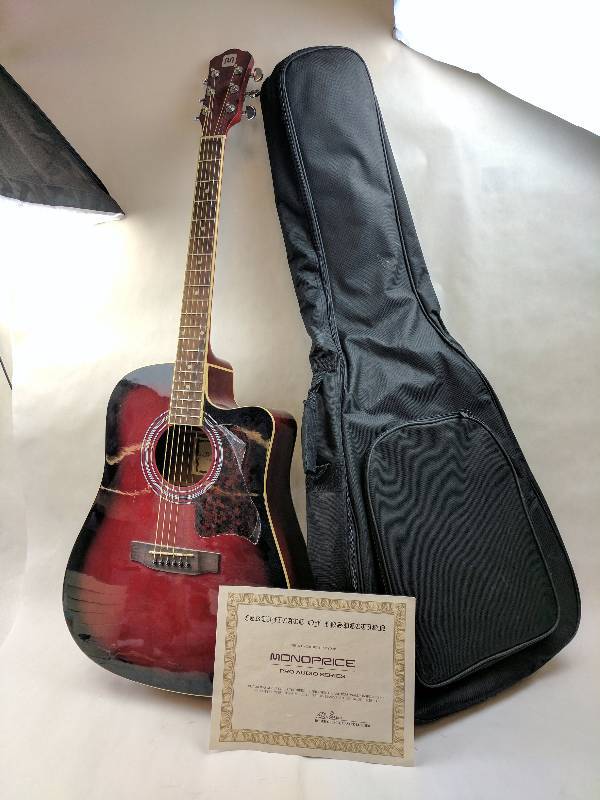 lot 32 image: Monoprice Foothill Flat Top Acoustic  Electric Guitar with EQ - Cherry Red Burst With Soft Bag And Certificate