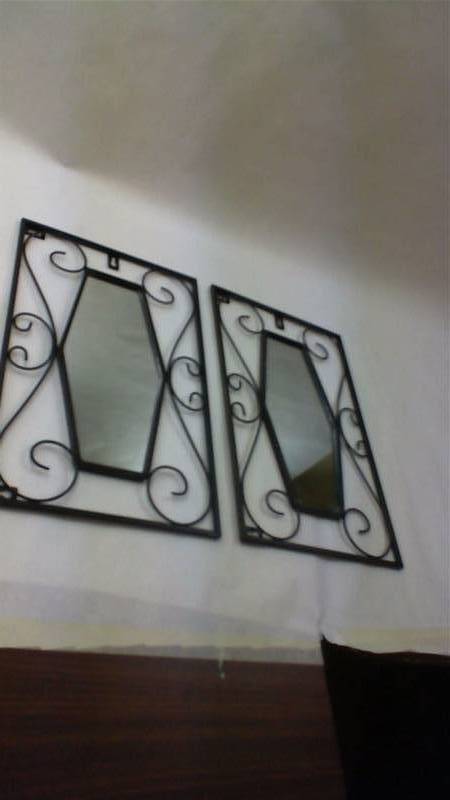lot 21 image: Pair of small wrought iron style Wall Mirrors 16x10