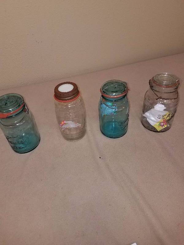 Lot of Glass Bail Lid and tin covered Jars