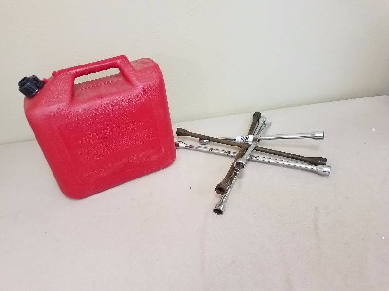 Metal Tire Wrenches Lot with 5 Gallon Gas Container