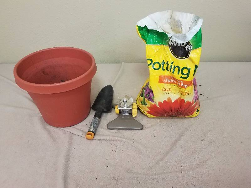 Pot, Spade, Soil and Sprinkler