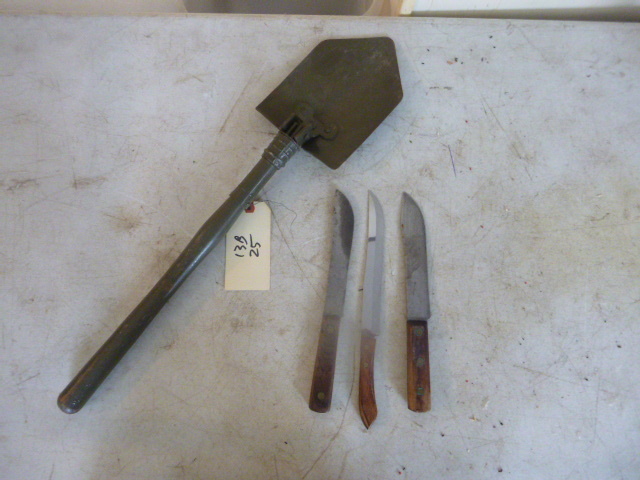 lot 213 image: Shovel and 3 Knives