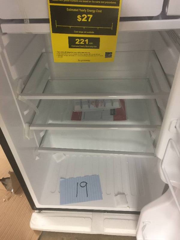 lot 19 image: Magic Chef 3.5 cu. ft. Mini Refrigerator in Stainless Look, ENERGYSTAR, Model # HMBR350SE1 open box never used small dent op the fron door