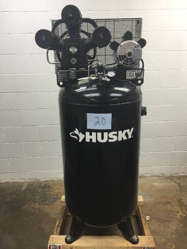 lot 20 image: Husky 80 Gal. 3-Cylinder Single Stage Electric Air Compressor Model # C801H   in like new conditions 220 volt we are unable to test