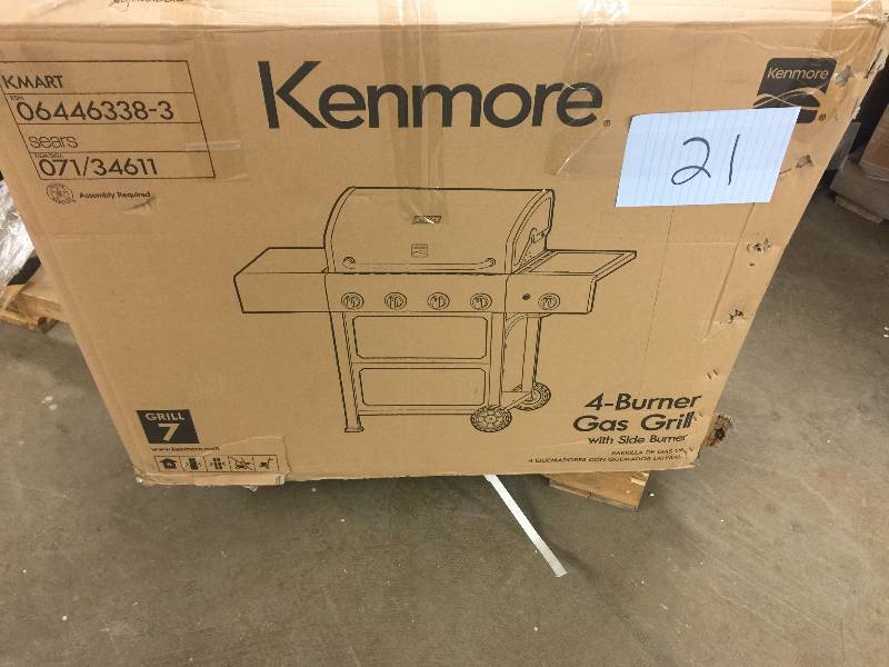 lot 21 image: Kenmore 4 Burner Gas Grill With Stainless Steel Lid open box never used