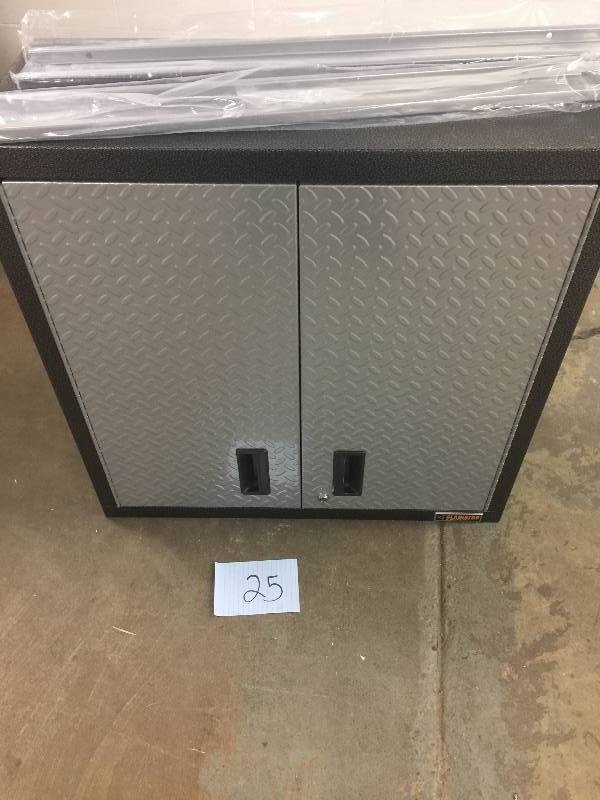 lot 25 image: Gladiator Premier Series Pre-Assembled 30 in. H x 30 in. W x 12 in. D Steel 2-Door Garage Wall Cabinet in Silver Tread open box never used