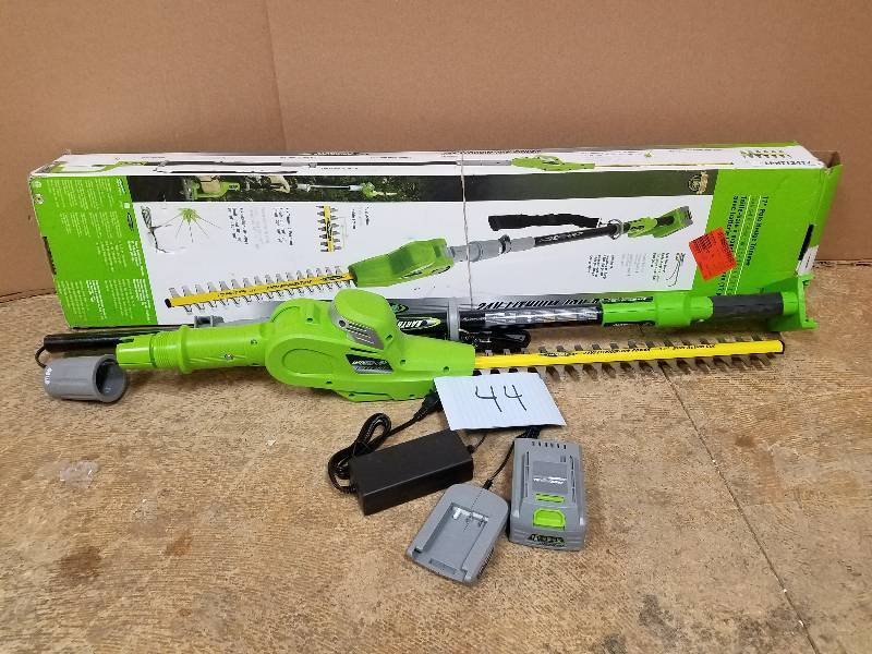 lot 44 image: Earthwise 17-Inch 24-Volt Lithium Ion Cordless Electric Pole Hedge Trimmer, Model LPHT12417 open box never used