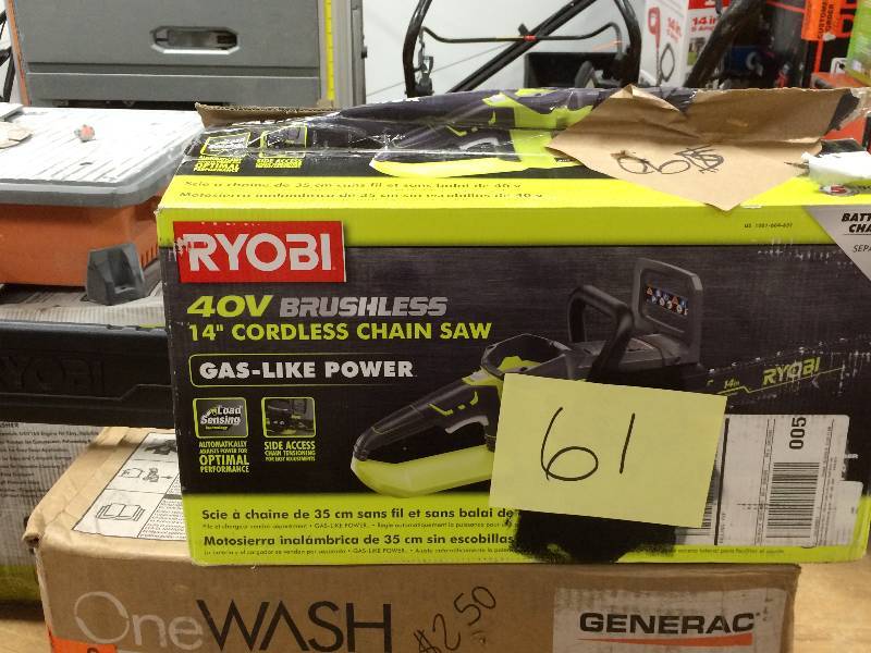 lot 61 image: Ryobi 14 in. 40-Volt Lithium-Ion Brushless Cordless Chainsaw, Model#  RY40511 in like new working conditions