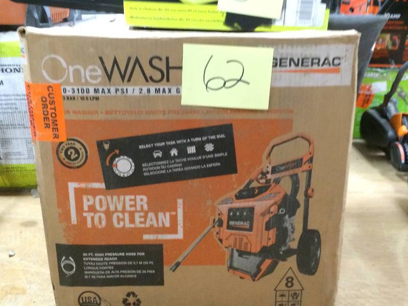 lot 62 image: Generac 6602 OneWash 3,100 PSI, 2.8 GPM, 4-in-1 PowerDial, Gas Powered Pressure Washer open box never used
