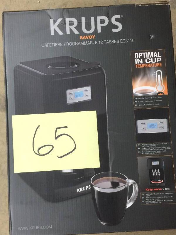lot 65 image: KRUPS EC311 SAVOY Programmable Digital Coffee Maker Machine with Glass Carafe and LED Control Panel, 12-Cups, Black