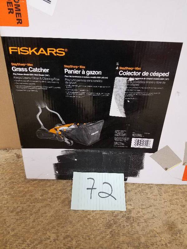 lot 72 image: Fiskars Grass Catcher for StaySharp Max Momentum Reel Mower open box