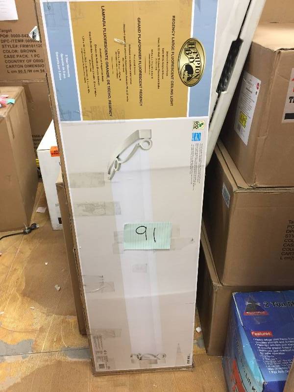 lot 91 image: Hampton Bay Regency 4-Light Brushed Nickel T8 Fluorescent Ceiling Light open box never used