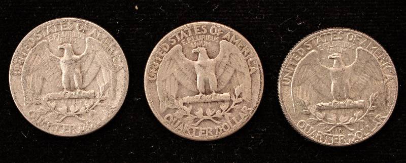 lot 11 image: GROUP OF 3 WASHINGTON SILVER QUARTERS 1932, 1946, 1964-D