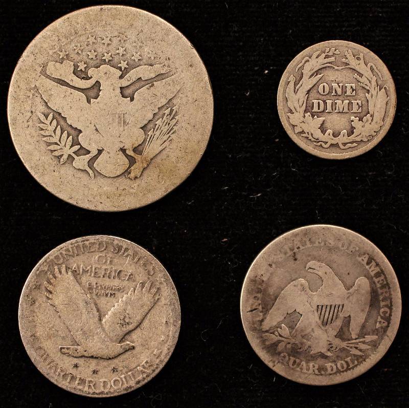 lot 27 image: GROUP OF 4 SILVER TYPE COINS 1902-03 BARBER, 1858 SEATED & 1927 STANDING