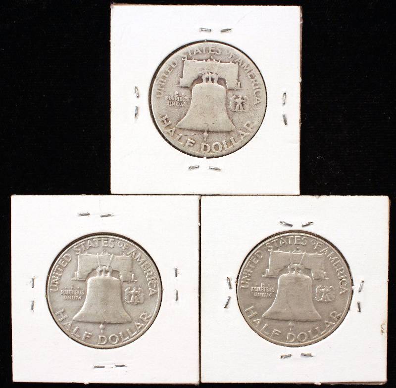 lot 28 image: GROUP OF 3 FRANKLIN SILVER HALF DOLLARS AS PICTURED