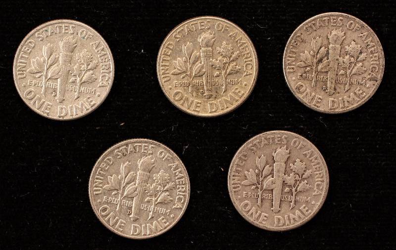 lot 37 image: GROUP OF 5 ROOSEVELT SILVER DIMES AS PICTURED