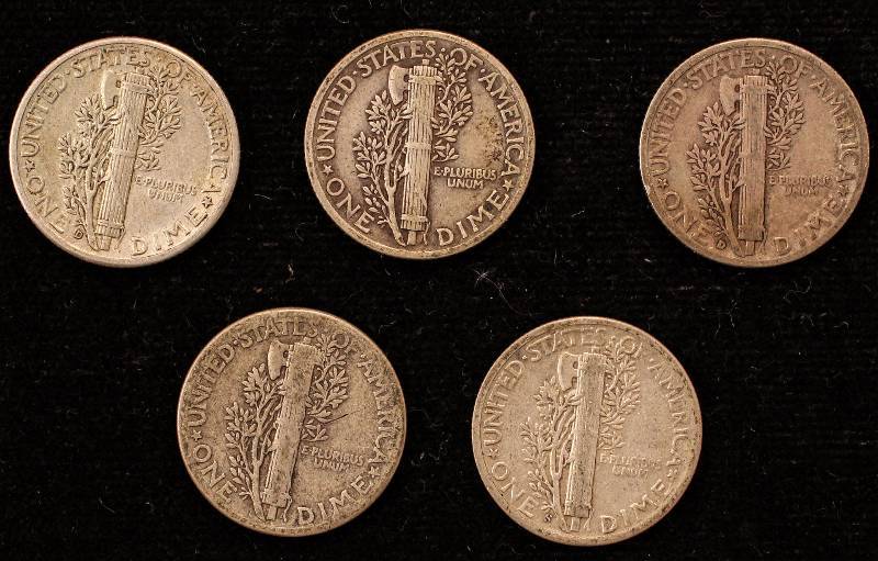 lot 44 image: GROUP OF 5 MERCURY SILVER DIMES F-XF AS PICTURED
