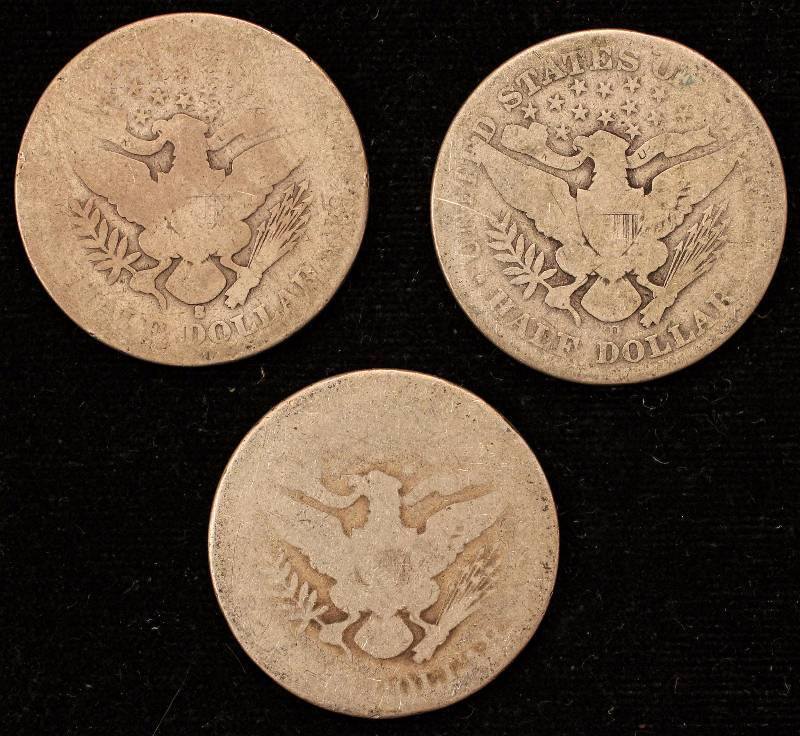 lot 45 image: GROUP OF 3 SILVER BARBER HALF DOLLARS 1898, 1903-S & 1908-D