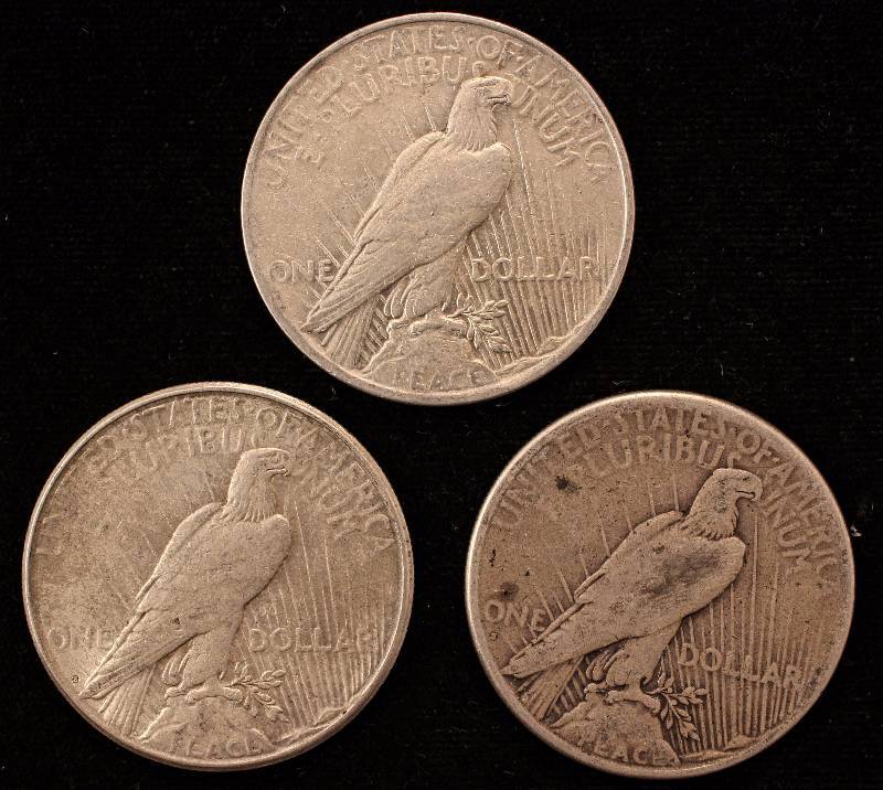 lot 47 image: GROUP OF 3 PEACE SILVER DOLLARS 1922P, 1923S, 1926S