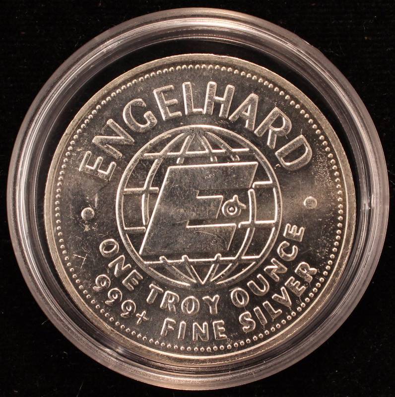 lot 53 image: 1 TROY OZ. .999 FINE SILVER ROUND 1982 ENGELHARD THE AMERICAN PROSPECTOR IN AIRTITE HOLDER