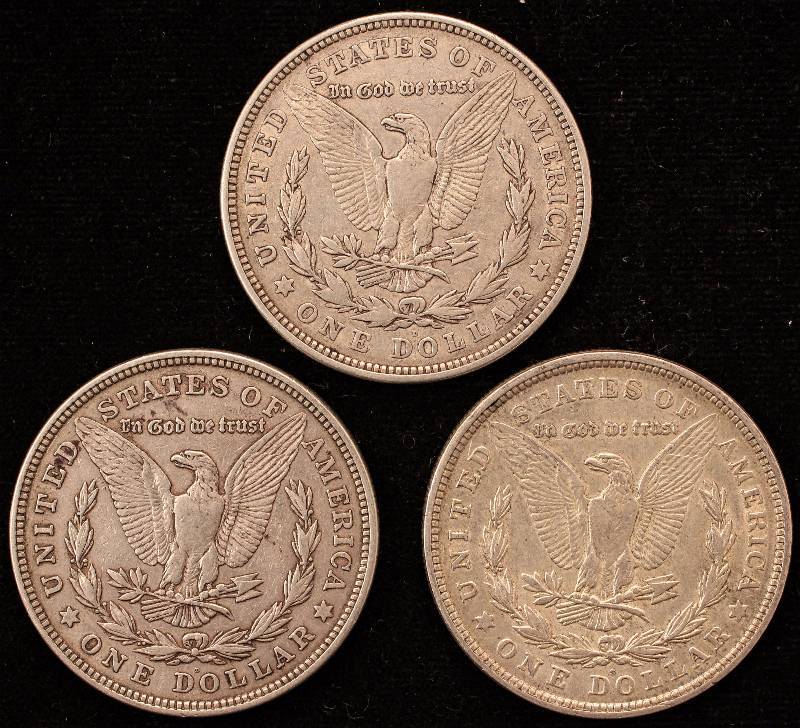 lot 57 image: GROUP OF 3 1921 MORGAN SILVER DOLLARS (2-1921D & 1-1921S) VF-XF