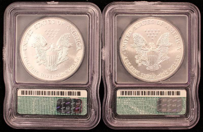 lot 59 image: GROUP OF 2 AMERICAN SILVER EAGLES 2001 - 1 TROY OZ. .999 FINE SILVER MS69 ICG