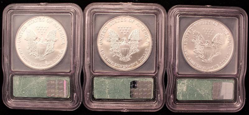lot 61 image: GROUP OF 3 - 2000 AMERICAN SILVER EAGLE DOLLARS MS69 ICG