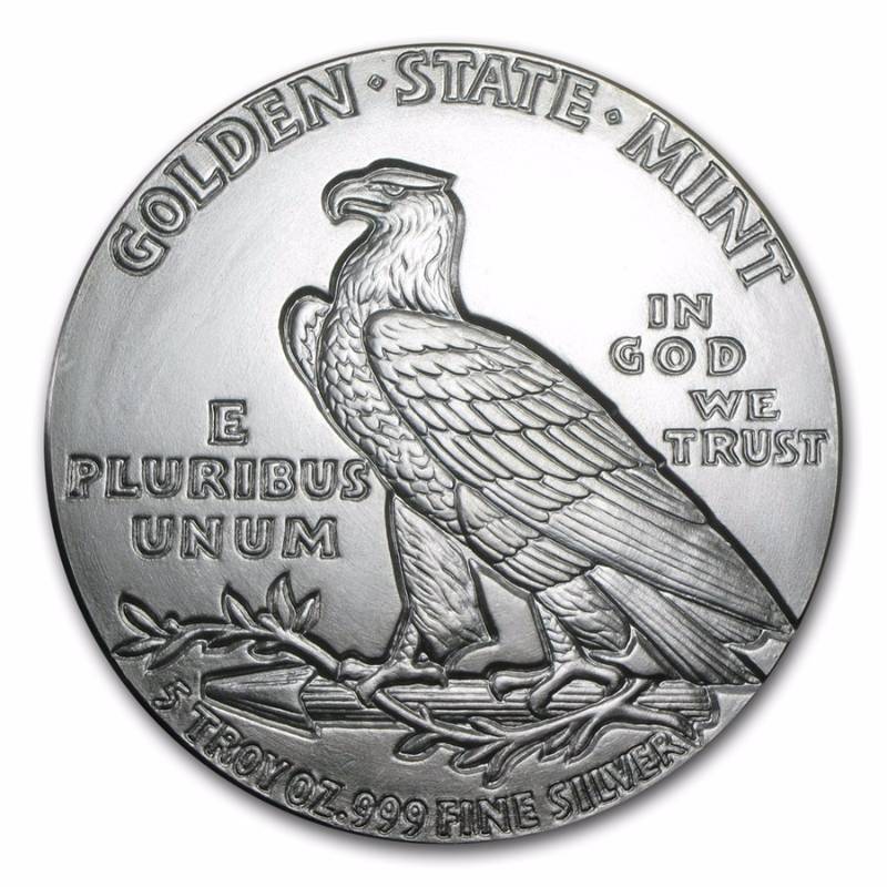 lot 60 image: 5 TROY Oz. .999 FINE SILVER ROUND INCUSE INDIAN DESIGN IN AIRTITE
