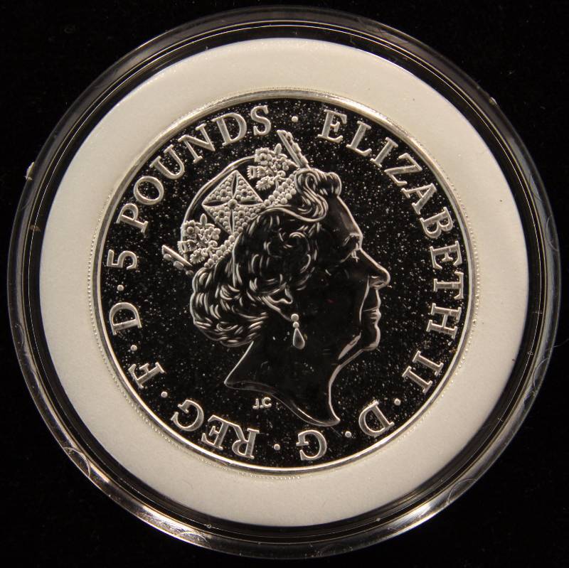 lot 01A image: 2017 GREAT BRITAIN 2 TROY OZ. .999 FINE SILVER QUEENS BEAST IN AIRTITE HOLDER