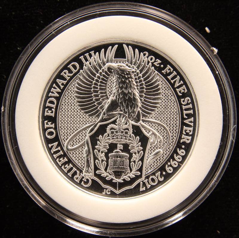 lot 08A image: 2017 GREAT BRITAIN 2 TROY OZ. .999 FINE SILVER QUEENS BEAST IN AIRTITE HOLDER