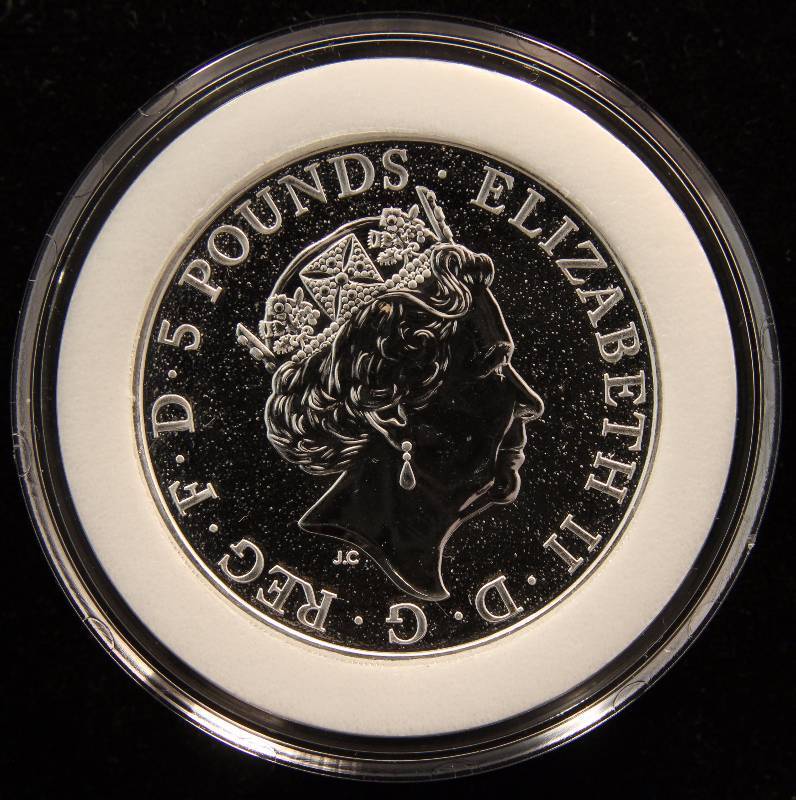 lot 44A image: 2017 GREAT BRITAIN 2 TROY OZ. .999 FINE SILVER QUEENS BEAST IN AIRTITE HOLDER