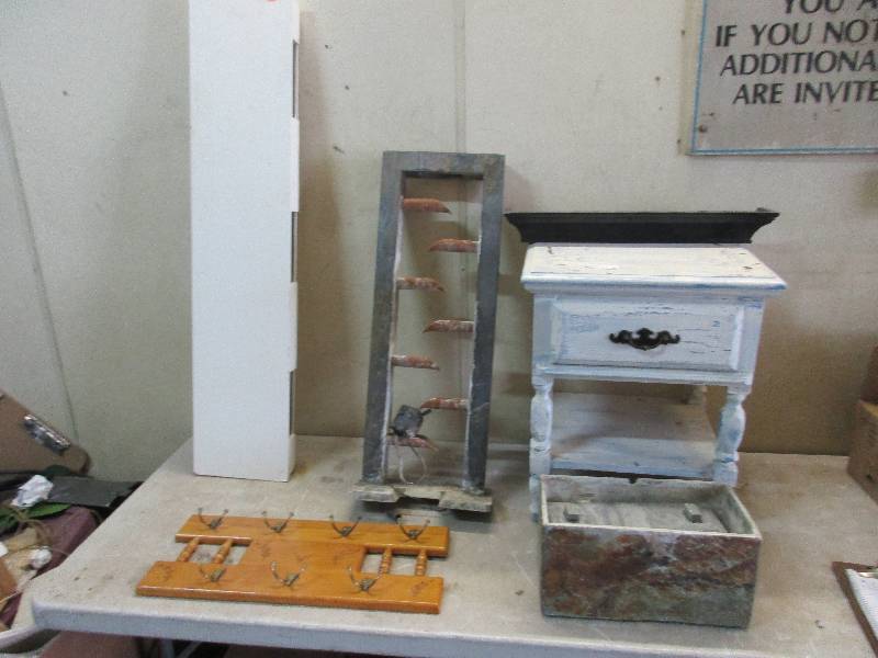 Rustic end table - fountain- 2 shelves and coat rack