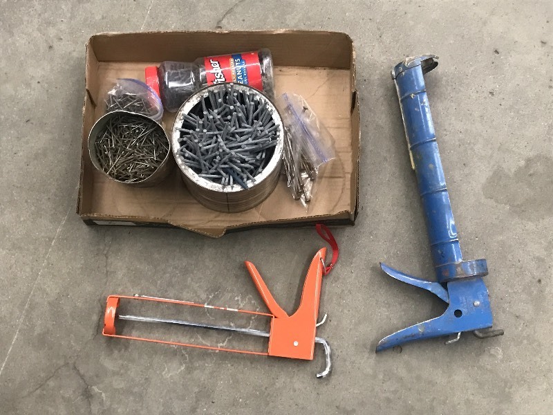 lot 6 image: Flat Of Assorted Nails & Caulk Guns...
