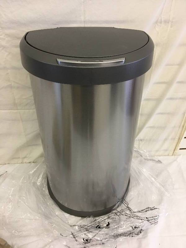 lot 282 image: simplehuman 45L Semi-Round Sensor Can, Automatic Kitchen Trash Can, Brushed Stainless Steel, 45 L  11.8 Gal retail $149